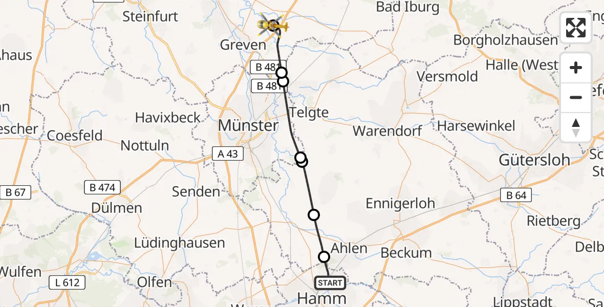 Flugroute Ambulanzhubschrauber Hamm - Christoph  Westfalen-ADAC, 18 Juli 2026, 10:49