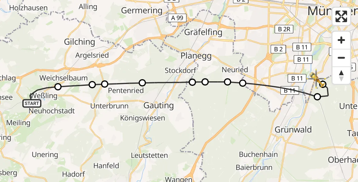 Flugroute Rettungshubschrauber Weßling - ADAC Air Rescue Center Hubschrauberlandeplatz (Christoph 1), 18 Juli 2026, 10:54