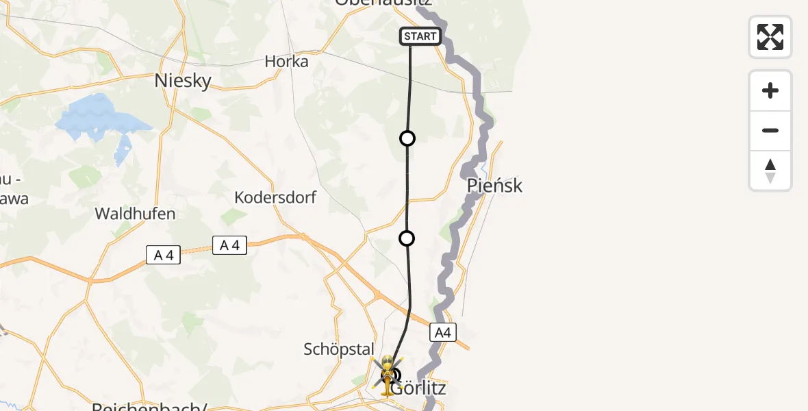 Flugroute Rettungshubschrauber Rothenburg/O.L. - Görlitz Hospital, 18 Juli 2026, 10:56