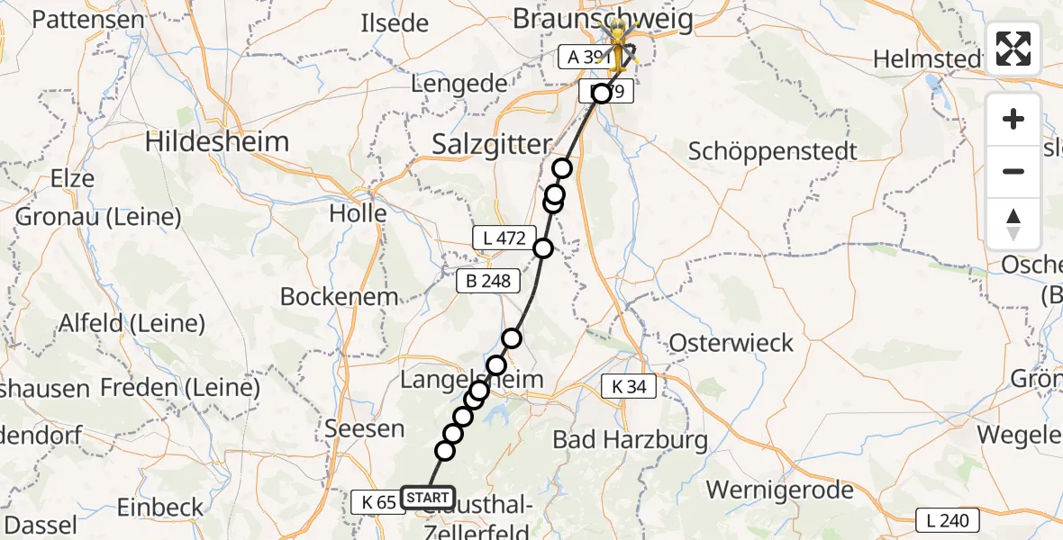 Flugroute Rettungshubschrauber Harz (Landkreis Goslar) - Braunschweig, 18 Juli 2026, 10:58
