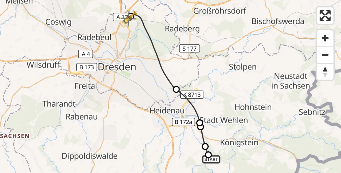 Flugroute Rettungshubschrauber Bad Gottleuba-Berggießhübel - Dresden Bundespolizei Hubschrauberlandeplatz, 18 Juli 2026, 10:58