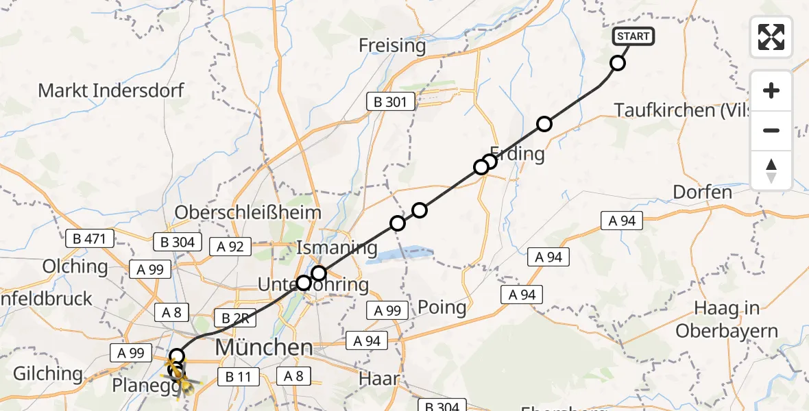 Flugroute Rettungshubschrauber Kirchberg - DRF Air Rescue München Hubschrauberlandeplatz, 18 Juli 2026, 10:59