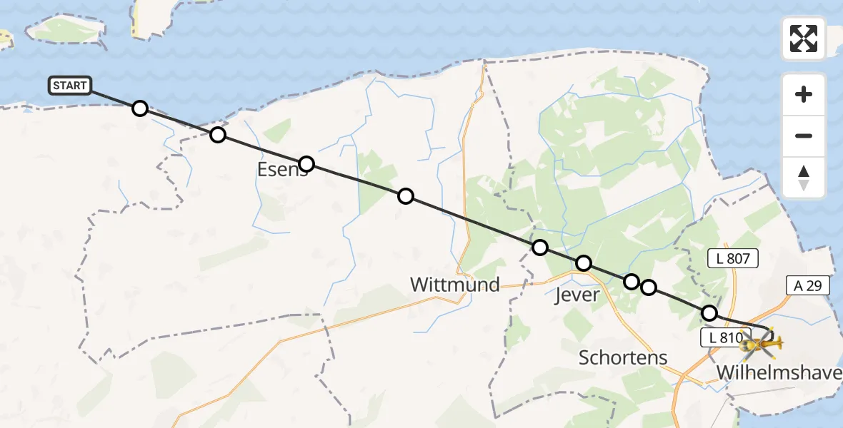 Flugroute Ambulanzhubschrauber Noordzee - Wilhelmshaven, 18 Juli 2026, 11:00