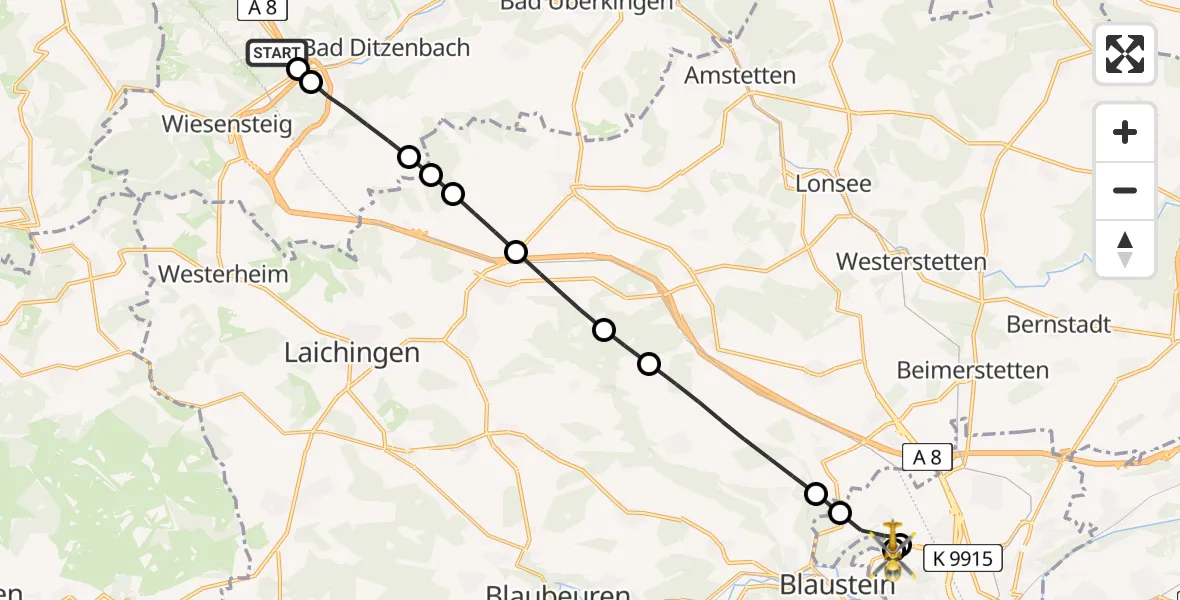 Flugroute Rettungshubschrauber Gruibingen - ADAC Air Rescue Station Ulm (Christoph 22), 18 Juli 2026, 11:09