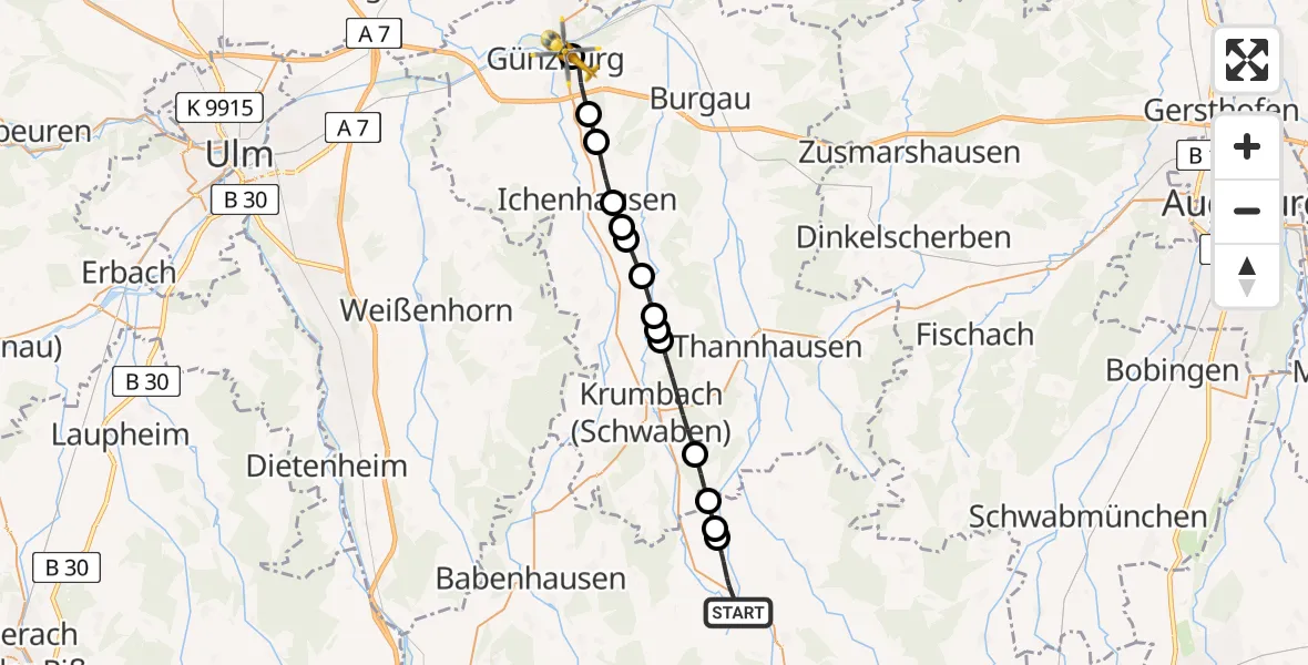 Flugroute Rettungshubschrauber Pfaffenhausen - Günzburg Hospital, 18 Juli 2026, 11:10