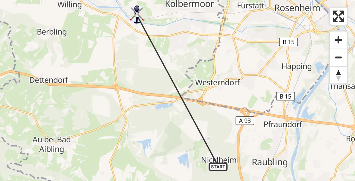 Flugroute Polizeihubschrauber Raubling - Bad Aibling, 18 Juli 2026, 11:10