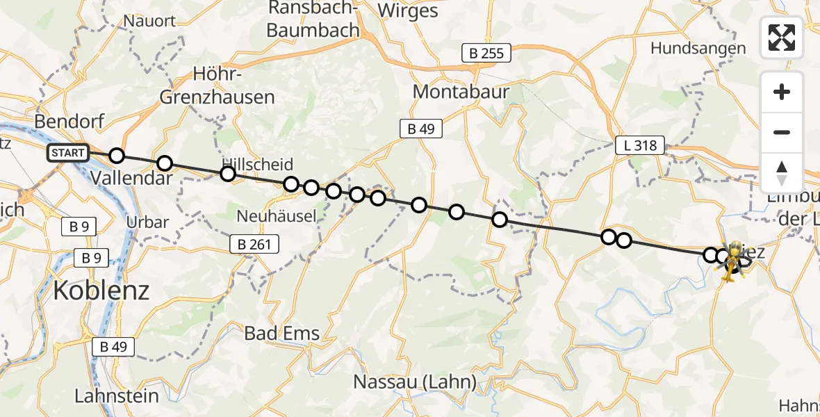Flugroute Rettungshubschrauber Bendorf - Diez, 18 Juli 2026, 11:14