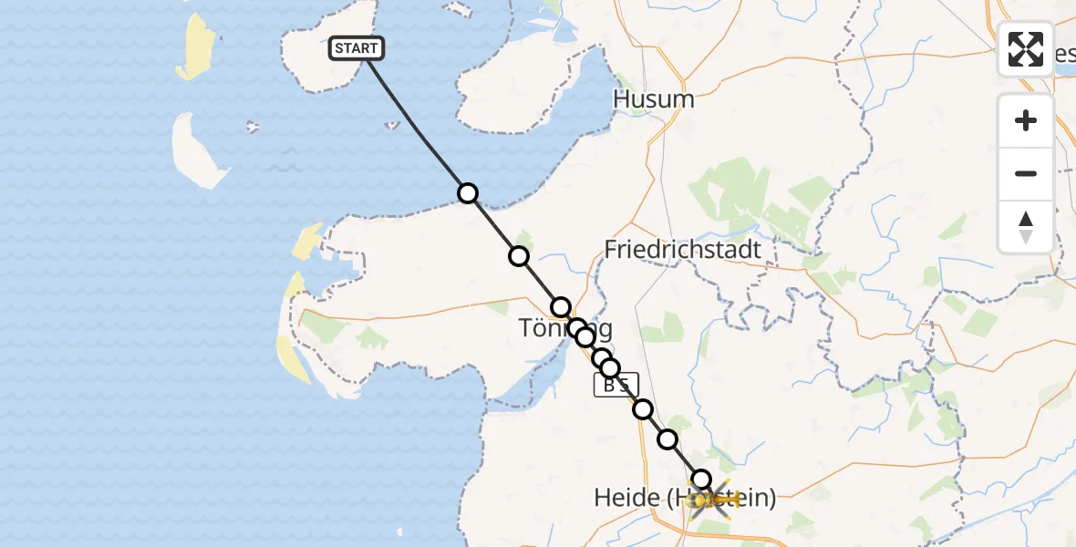 Flugroute Ambulanzhubschrauber Pellworm - Heide, 18 Juli 2026, 11:22