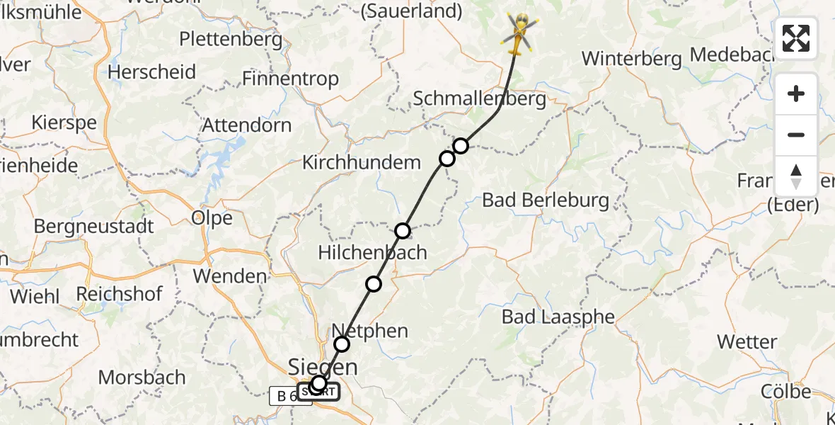 Flugroute Rettungshubschrauber Evangelisches Jung-Stilling Hospital - Schmallenberg, 18 Juli 2026, 11:22