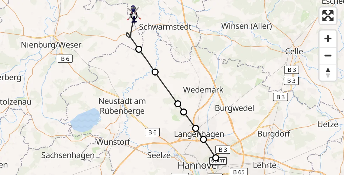 Flugroute Polizeihubschrauber Hannover Luftrettung Hubschrauberlandeplatz (Christoph 4) - Gilten, 18 Juli 2026, 11:26