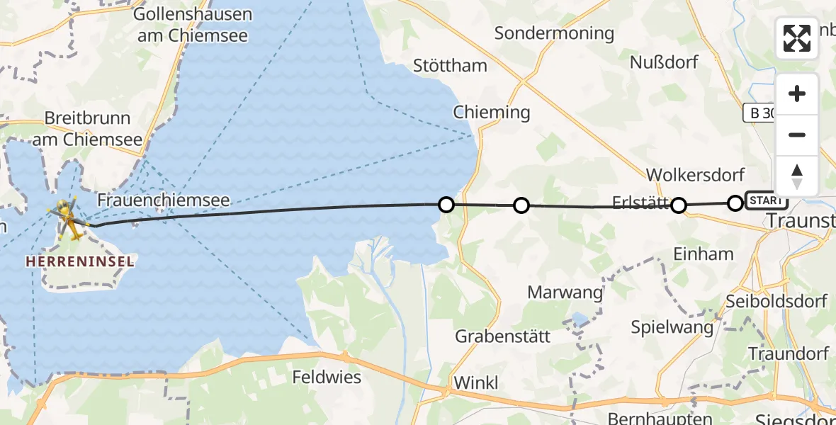 Flugroute Rettungshubschrauber Traunstein Hospital - Chiemsee, 18 Juli 2026, 11:28