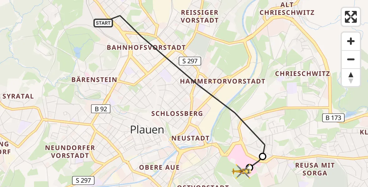 Flugroute Rettungshubschrauber Plauen - Helios Clinic Plauen, 18 Juli 2026, 11:34