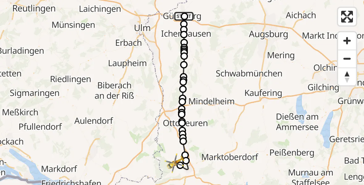 Flugroute Rettungshubschrauber Günzburg Hospital - Wiggensbach, 18 Juli 2026, 11:38