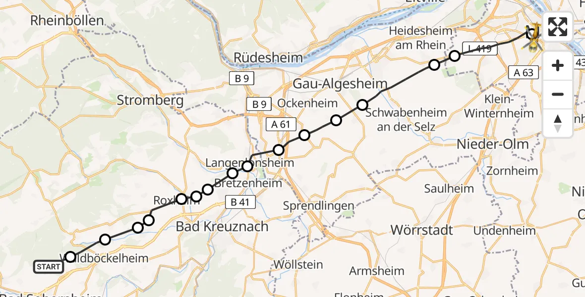 Flugroute Rettungshubschrauber Bad Sobernheim - Mainz University Hospital, 18 Juli 2026, 11:41