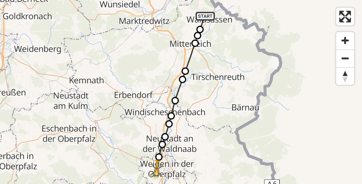 Flugroute Ambulanzhubschrauber Waldsassen - Weiden i.d.OPf., 18 Juli 2026, 11:43