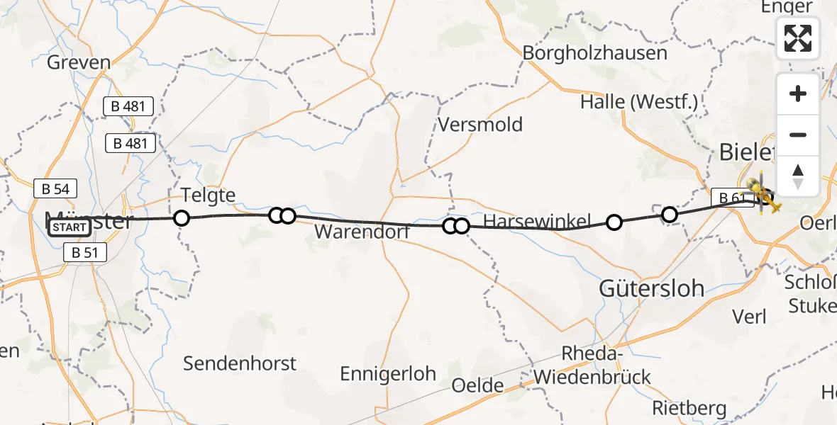 Flugroute Rettungshubschrauber Münster - Luftrettungszentrum Bielefeld, 18 Juli 2026, 11:44