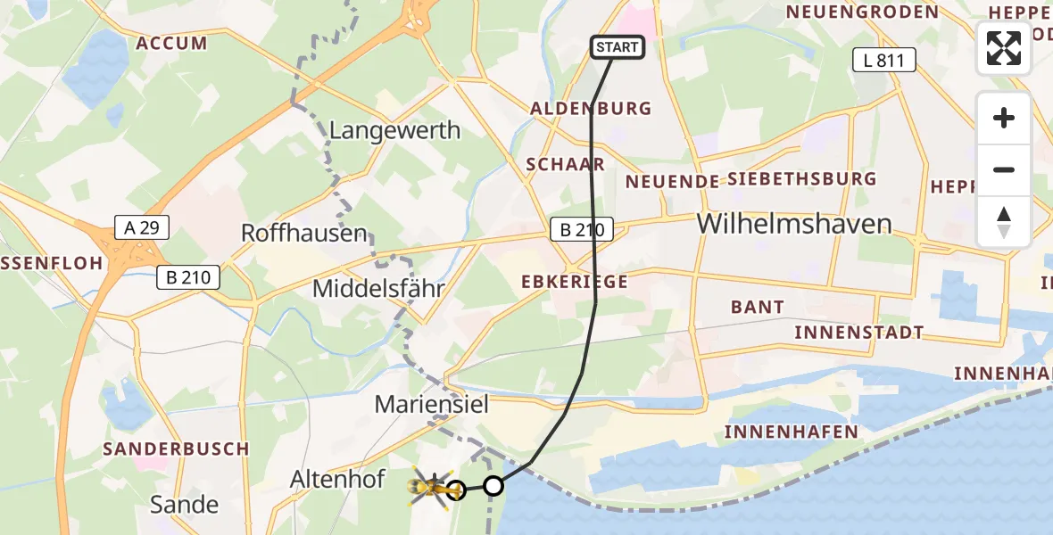 Flugroute Ambulanzhubschrauber Wilhelmshaven - JadeWeser Flughafen, 18 Juli 2026, 11:46