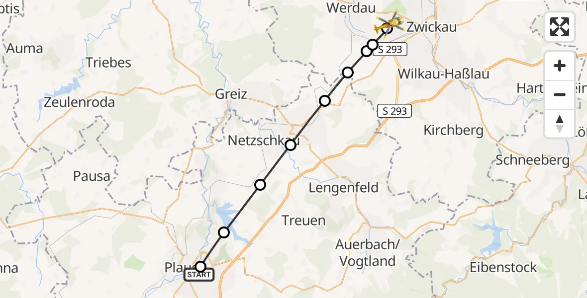 Flugroute Rettungshubschrauber Helios Clinic Plauen - ADAC Air Rescue Station Zwickau Hubschrauberlandeplatz, 18 Juli 2026, 11:53