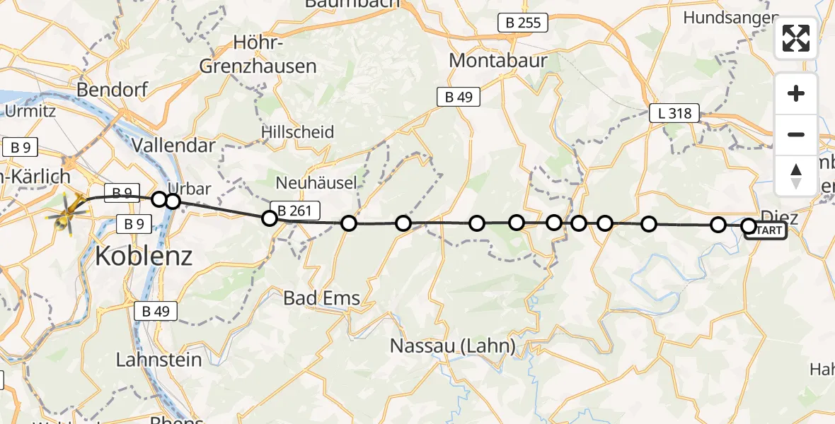 Flugroute Rettungshubschrauber Diez - Koblenz, 18 Juli 2026, 11:56