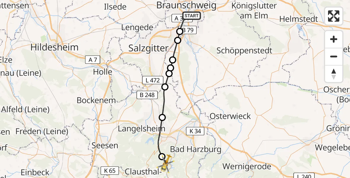 Flugroute Rettungshubschrauber Braunschweig - Harz (Landkreis Goslar), 18 Juli 2026, 11:57