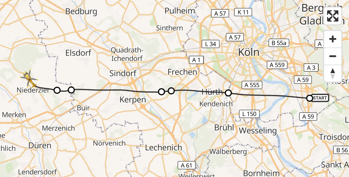 Flugroute Rettungshubschrauber Köln Bonn Flughafen - Niederzier, 18 Juli 2026, 12:12