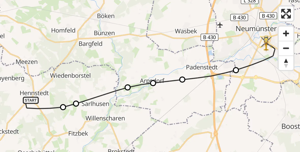 Flugroute Rettungshubschrauber Hennstedt - Neumünster, 18 Juli 2026, 12:16
