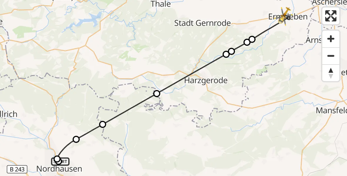Flugroute Rettungshubschrauber Südharz Hospital Nordhausen - Falkenstein/Harz, 18 Juli 2026, 12:19