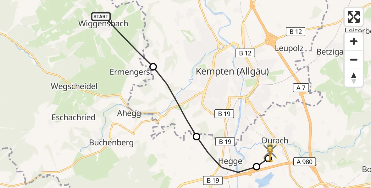 Flugroute Rettungshubschrauber Wiggensbach - Kempten-Durach Flugplatz, 18 Juli 2026, 12:19