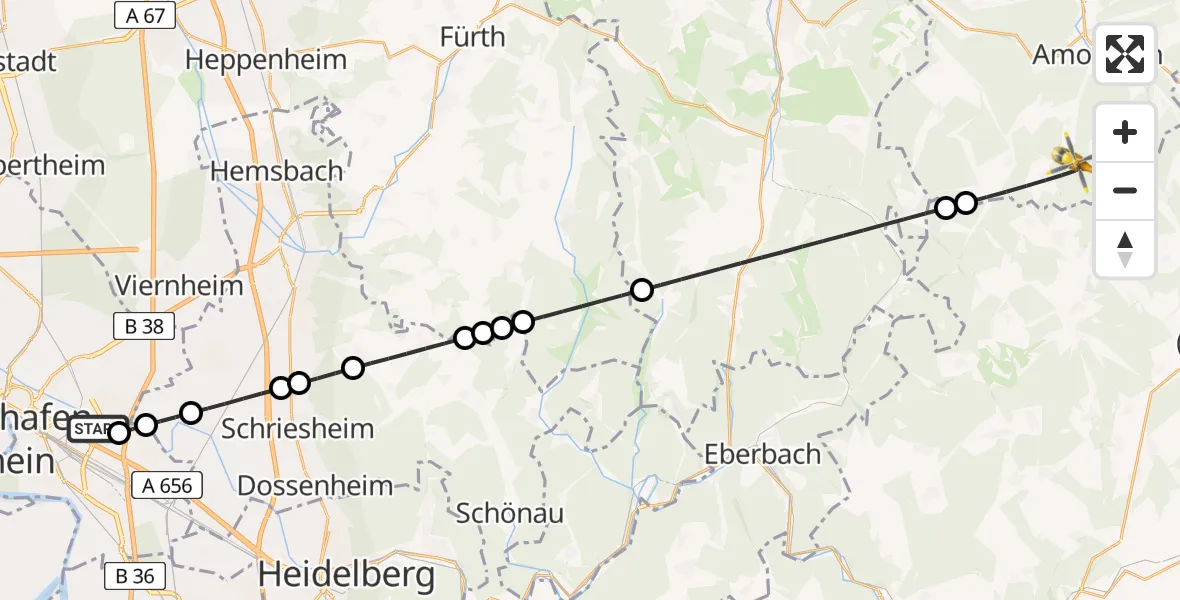 Flugroute Rettungshubschrauber Mannheim-City Flughafen - Kirchzell, 18 Juli 2026, 12:21