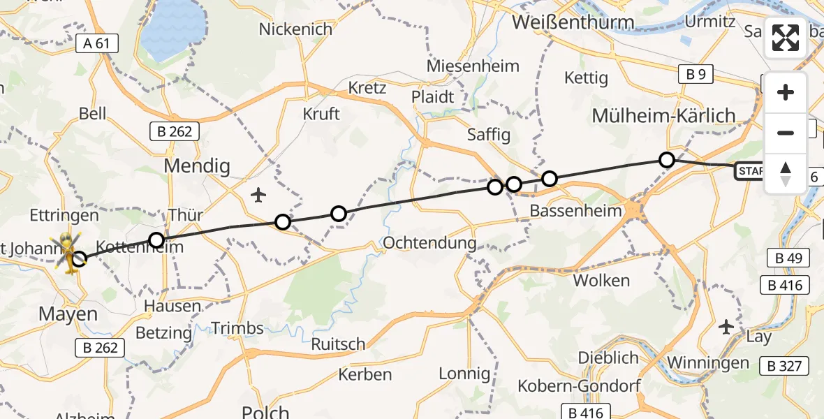 Flugroute Rettungshubschrauber Koblenz - Ettringen, 18 Juli 2026, 12:45