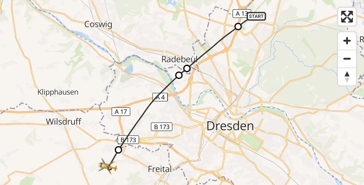 Flugroute Rettungshubschrauber Dresden Flughafen - Wilsdruff, 18 Juli 2026, 12:48