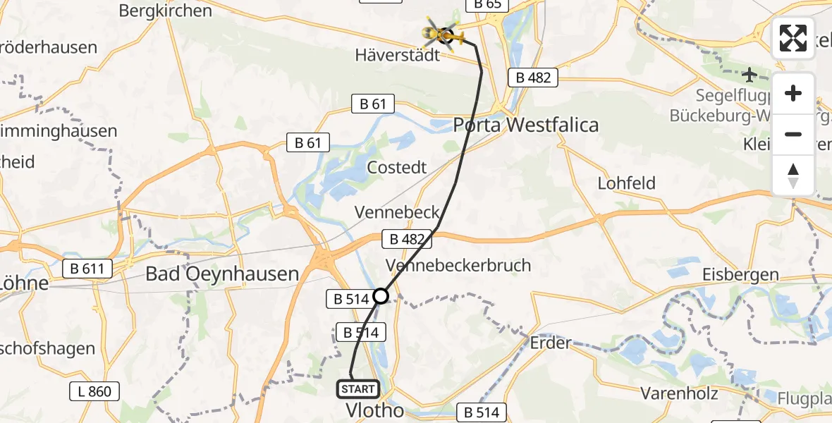 Flugroute Ambulanzhubschrauber Vlotho - Minden, 18 Juli 2026, 12:52