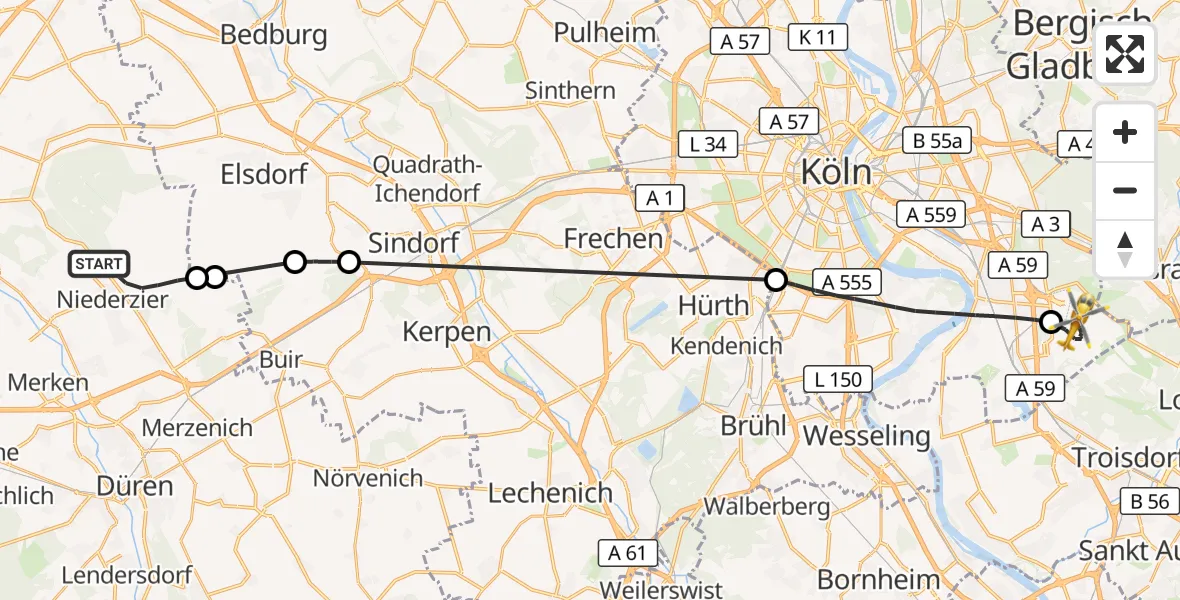 Flugroute Rettungshubschrauber Niederzier - Köln Bonn Flughafen, 18 Juli 2026, 12:56