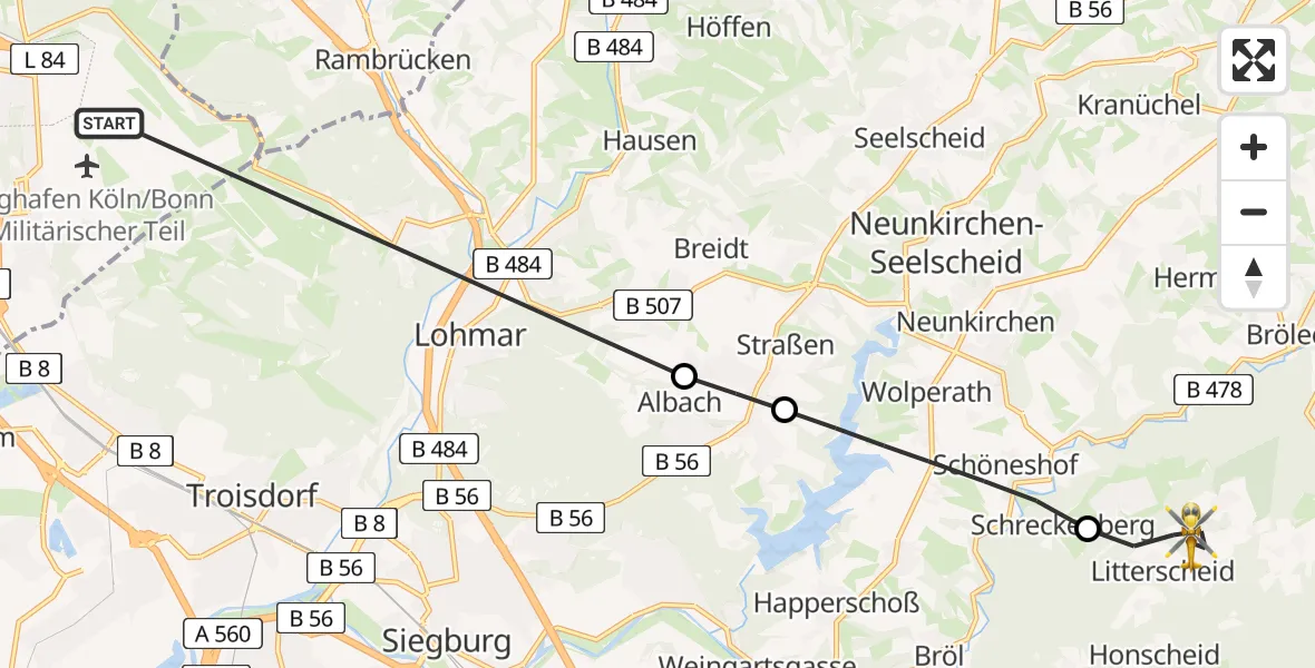 Flugroute Ambulanzhubschrauber Köln Bonn Flughafen - Ruppichteroth, 18 Juli 2026, 13:01