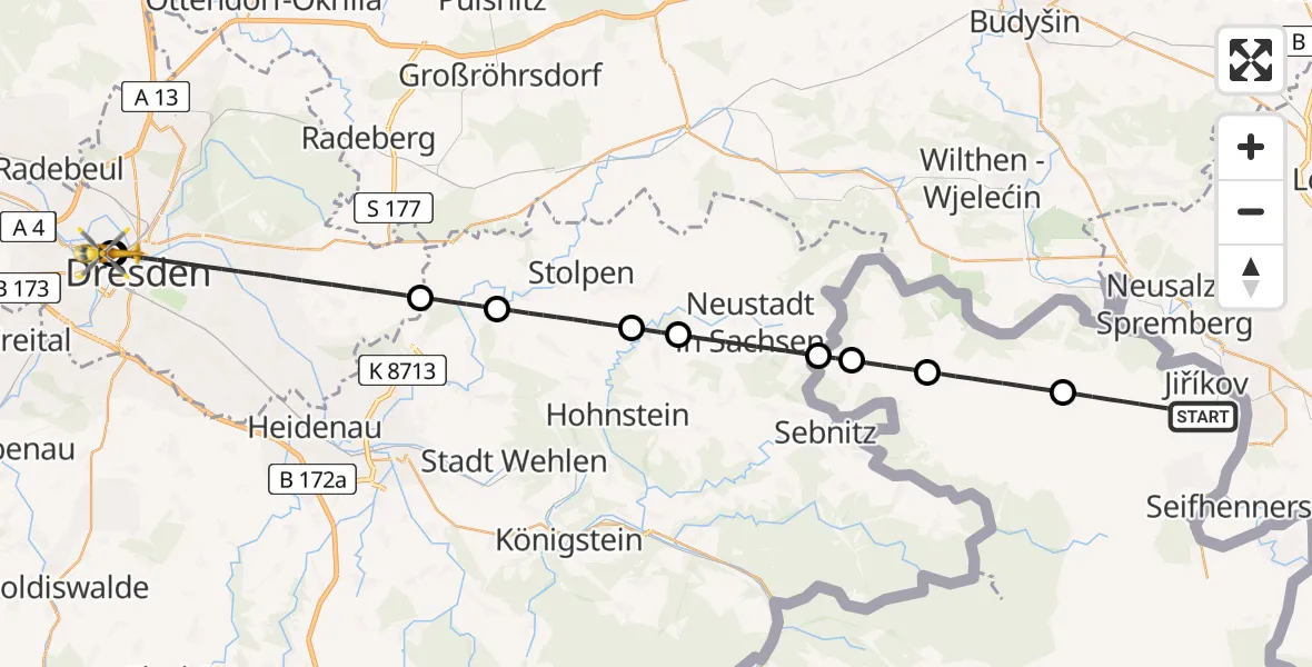 Flugroute Rettungshubschrauber Jiříkov - Dresden Friedrichstadt Hospital, 18 Juli 2026, 13:06
