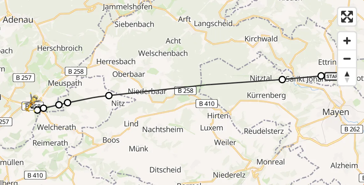 Flugroute Rettungshubschrauber Ettringen - Nürburgring Hubschrauberlandeplatz, 18 Juli 2026, 13:06