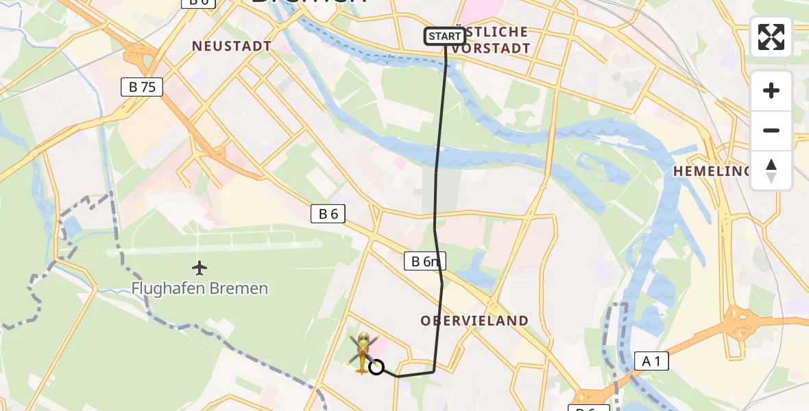 Flugroute Rettungshubschrauber Bremen - ADAC Air Rescue Station Bremen Hubschrauberlandeplatz (Christoph 6), 18 Juli 2026, 13:09