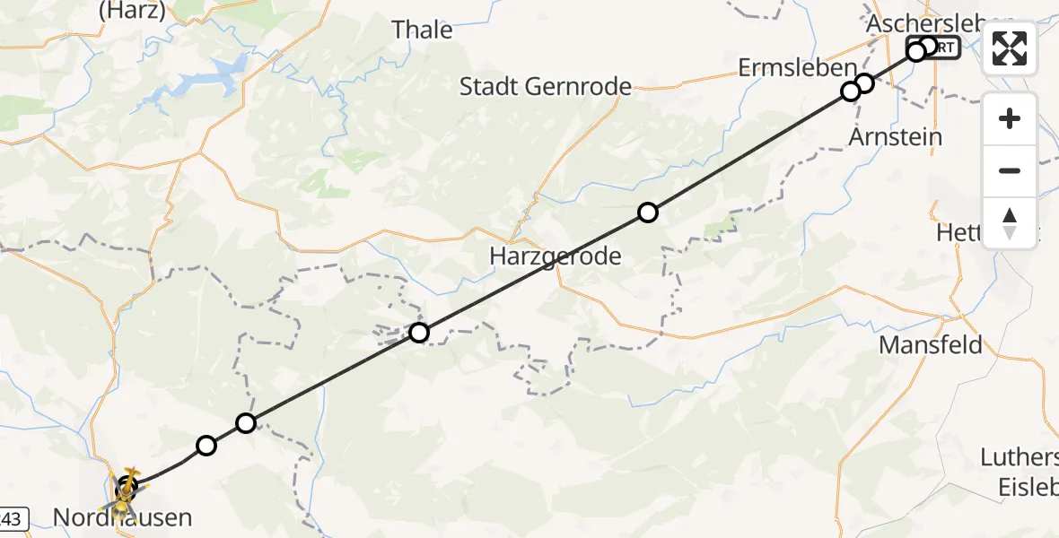 Flugroute Rettungshubschrauber AMEOS Hospital Aschersleben - Südharz Hospital Nordhausen, 18 Juli 2026, 13:12