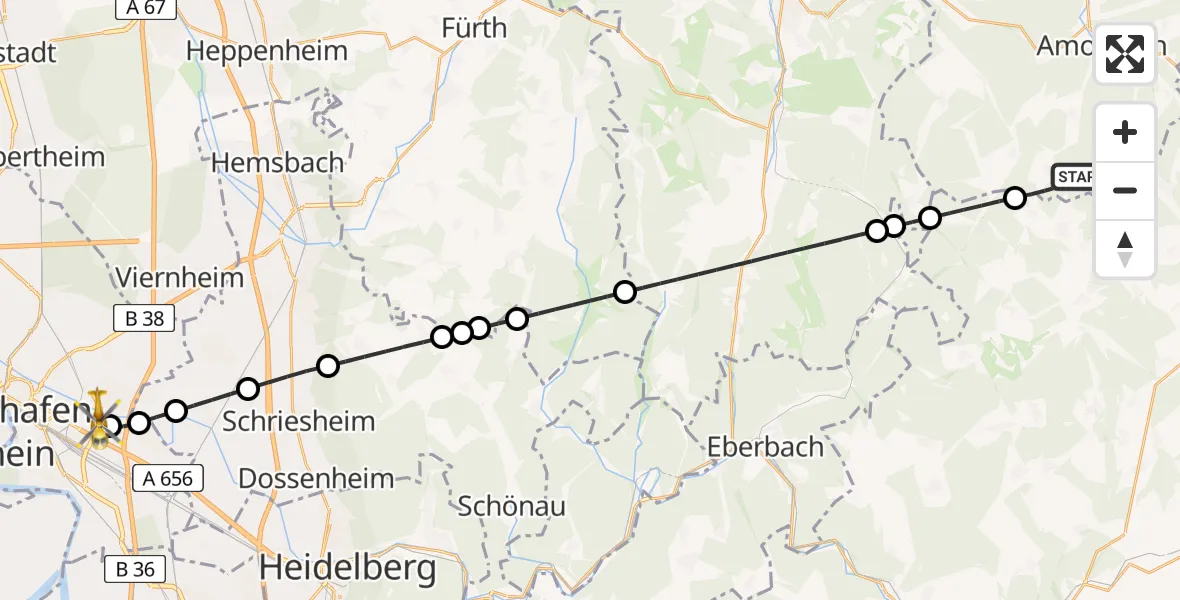 Flugroute Rettungshubschrauber Kirchzell - Mannheim-City Flughafen, 18 Juli 2026, 13:13