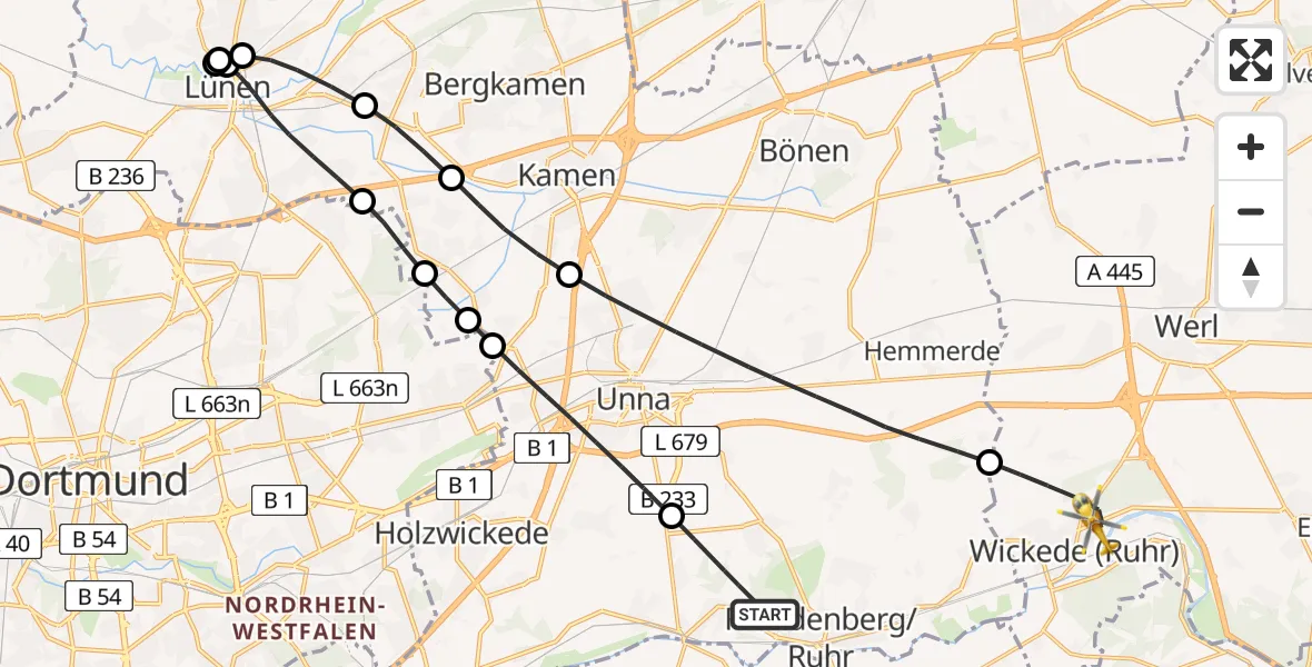 Flugroute Rettungshubschrauber Fröndenberg/Ruhr - Wickede (Ruhr), 18 Juli 2026, 13:15