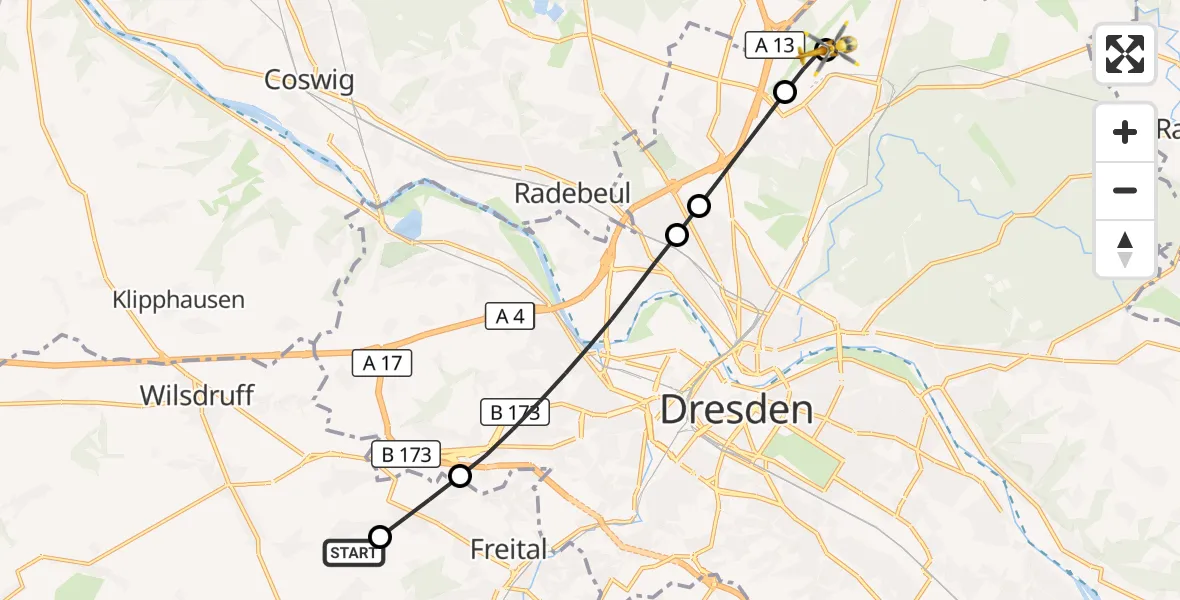 Flugroute Rettungshubschrauber Wilsdruff - Dresden Bundespolizei Hubschrauberlandeplatz, 18 Juli 2026, 13:27