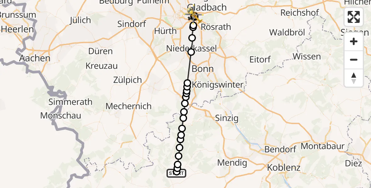 Flugroute Rettungshubschrauber Nürburgring Hubschrauberlandeplatz - Merheim Hospital, 18 Juli 2026, 13:29