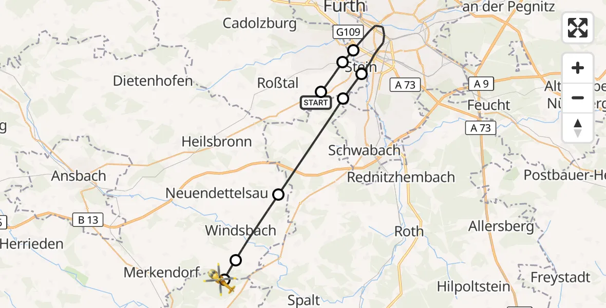 Flugroute Ambulanzhubschrauber Roßtal - Haundorf, 18 Juli 2026, 13:34