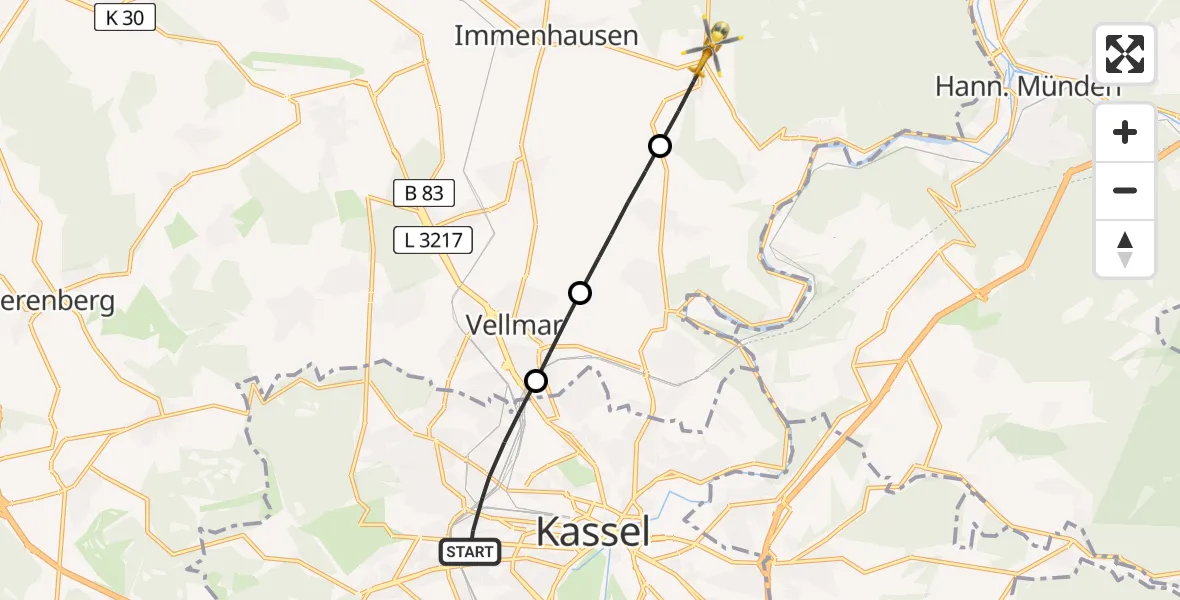 Flugroute Rettungshubschrauber Kassel - Immenhausen, 18 Juli 2026, 13:35