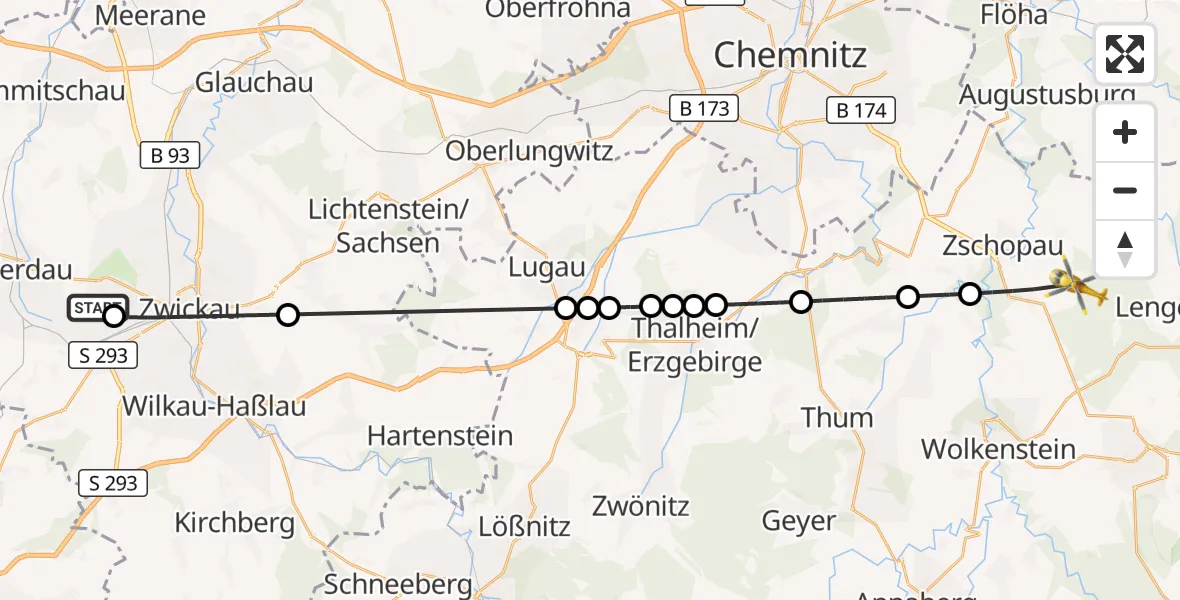 Flugroute Rettungshubschrauber ADAC Air Rescue Station Zwickau Hubschrauberlandeplatz - Zschopau, 18 Juli 2026, 13:37