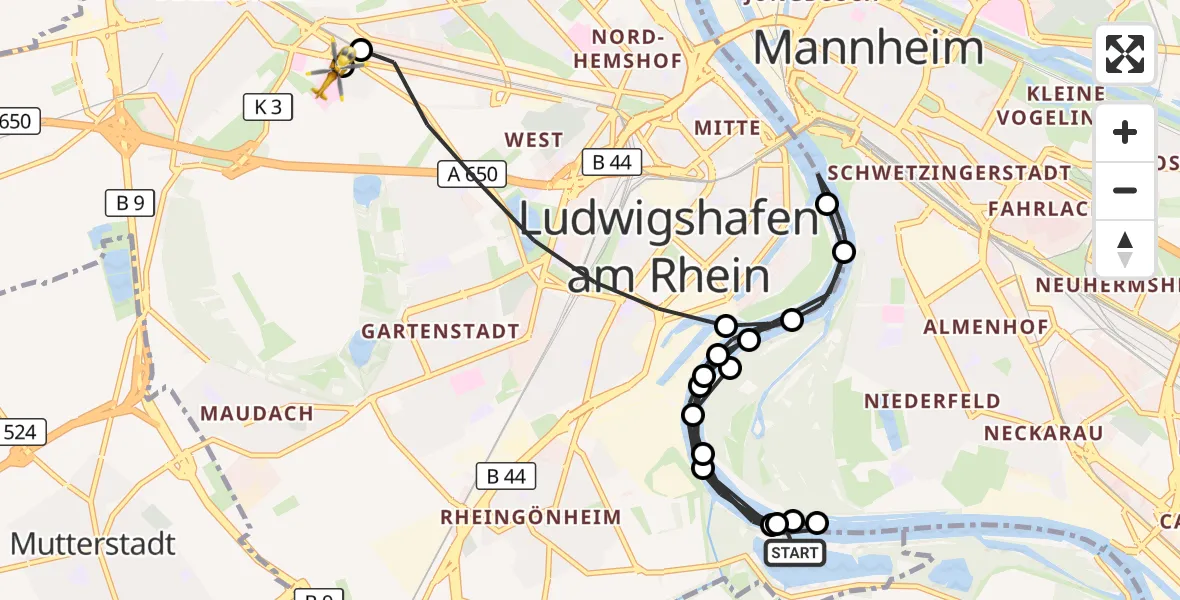 Flugroute Rettungshubschrauber Ludwigshafen am Rhein - Ludwigshafen Accident Hospital, 18 Juli 2026, 13:44