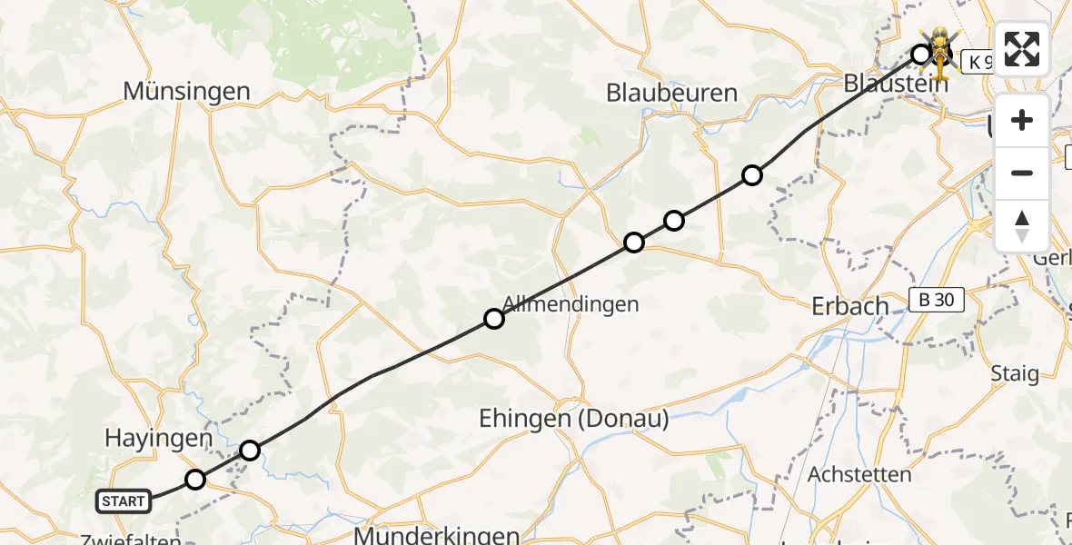 Flugroute Rettungshubschrauber Zwiefalten - ADAC Air Rescue Station Ulm (Christoph 22), 18 Juli 2026, 13:45