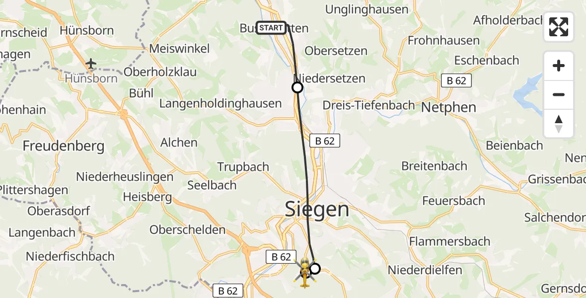 Flugroute Rettungshubschrauber Kreuztal - Evangelisches Jung-Stilling Hospital, 18 Juli 2026, 13:45
