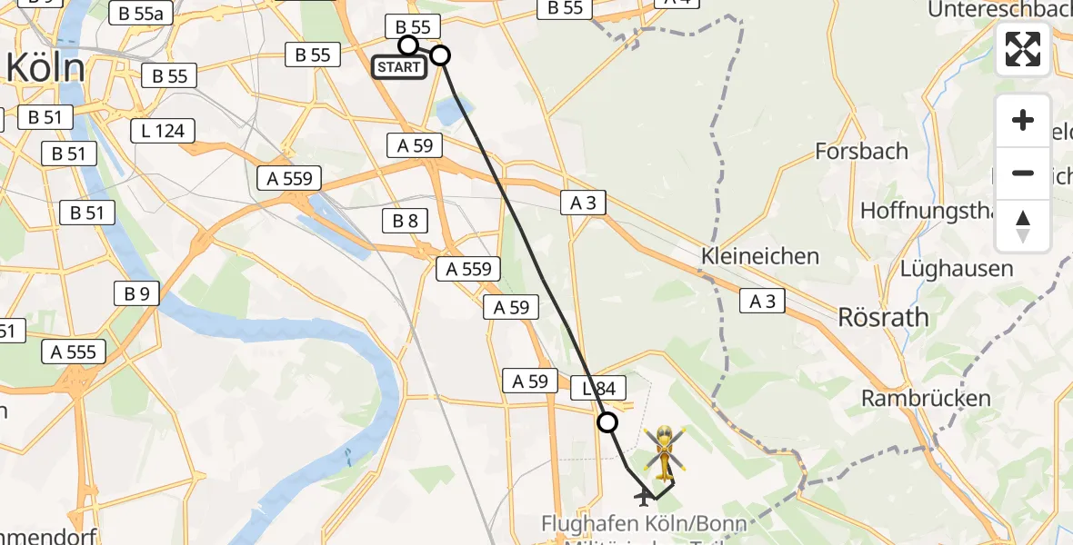 Flugroute Ambulanzhubschrauber Merheim Hospital - Köln Bonn Flughafen, 18 Juli 2026, 13:51