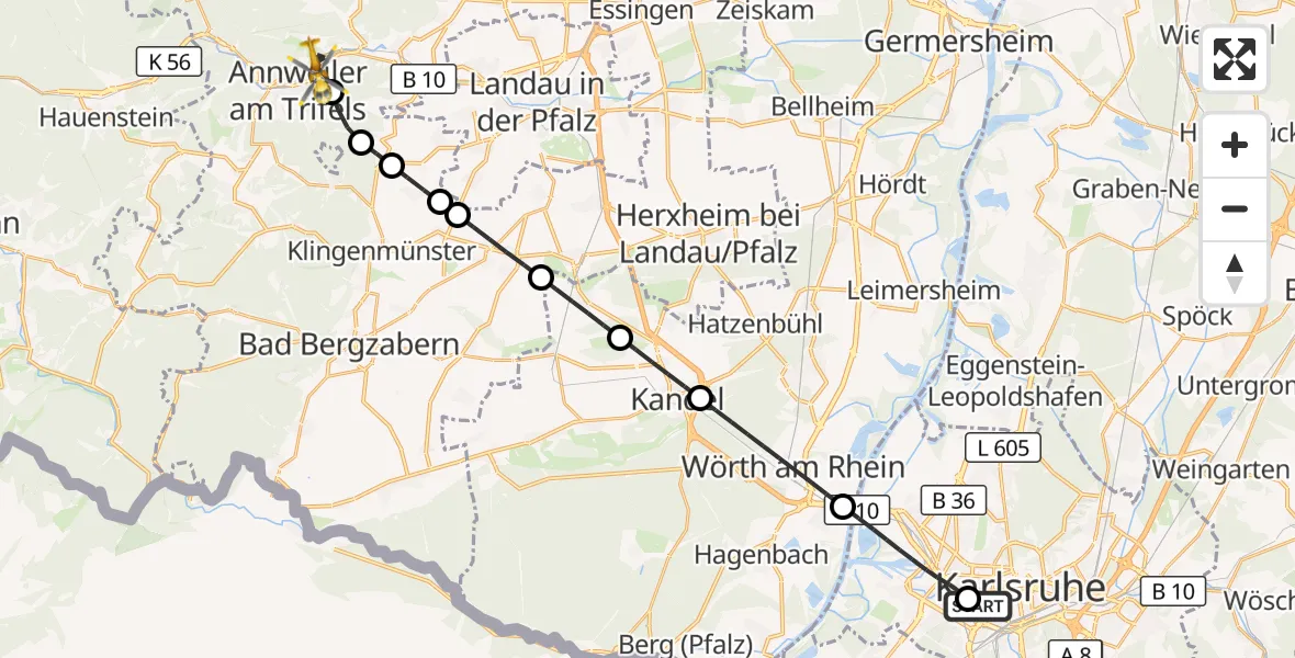 Flugroute Ambulanzhubschrauber Sankt Vincentius Hospital - Annweiler am Trifels, 18 Juli 2026, 13:52